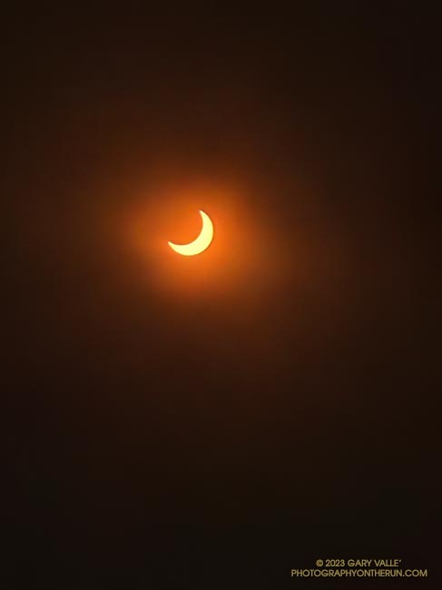 The October 14, 2023, solar eclipse from the PCT near Mt. Hawkins in the San Gabriel Mountains, near Los Angeles. The photo was taken with an iPhone using eclipse glasses as a filter.