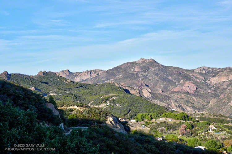 Sandstone Peak (3111') from the Backbone Trail, about 0.5 mile east of the Yerba Buena Road Crossing. Echo Cliffs is on the right margin of the photo.