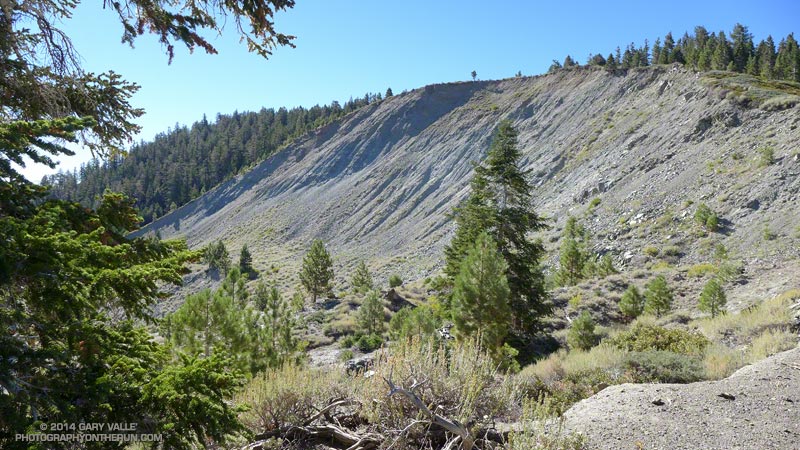 The crown of the Wright Mountain/Heath Canyon Landslide. According to California Division of Mines & Geology Special Report 136 this landslide occurred 'prior to the year 1500. It remains active and in wet periods has been the source of large mudflows.