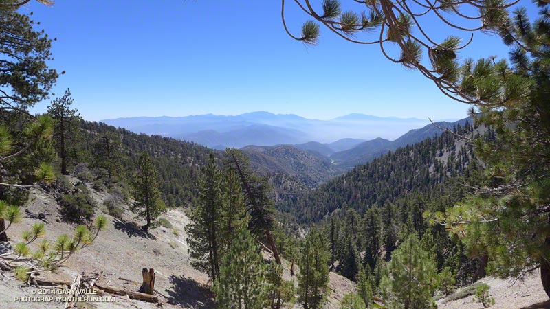 View down North Fork Lytle Creek drainage to San Jacinto Peak (right) and San Gorgonio Mountain and adjacent peaks.