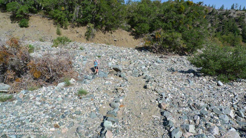 One of several debris-filled washes that are crossed on the Manzanita Trail. (From a previous run.)