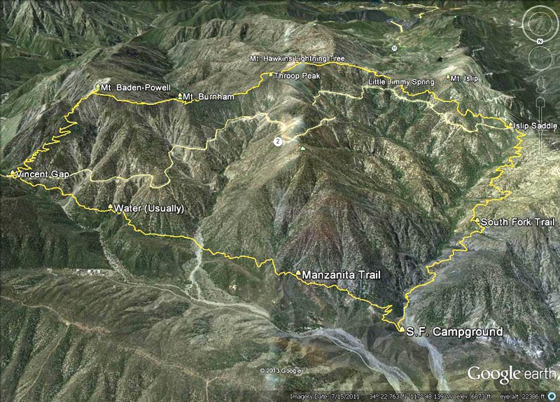 Google Earth image of the Islip - South Fork - Mt. Baden-Powell loop. An interactive browser view of the loop is linked in the post on Photography on the Run.