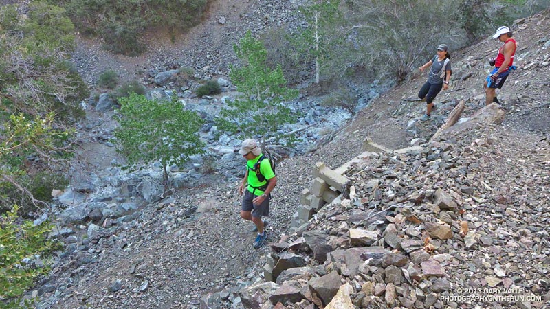 Descending to the South Fork of Big Rock Creek. The trail follows along the west side of the creek for about 0.1 mile before crossing the creek South Fork Campground is a short distance after the crossing.
