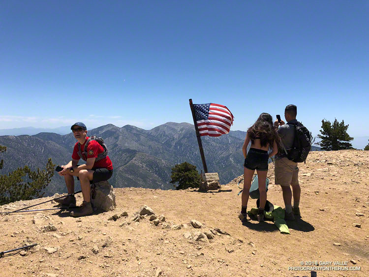 The summit of Mt. Baden-Powell (9399'). Pine Mountain, Dawson Peak and Mt. Baldy are in the distance. When there is less haze, San Jacinto Peak can be seen in the gap between Dawson Peak and Mt. Baldy.
