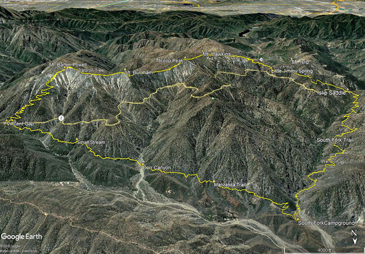 Google Earth overview of the Islip Saddle - South Fork - Mt. Baden-Powell loop.
