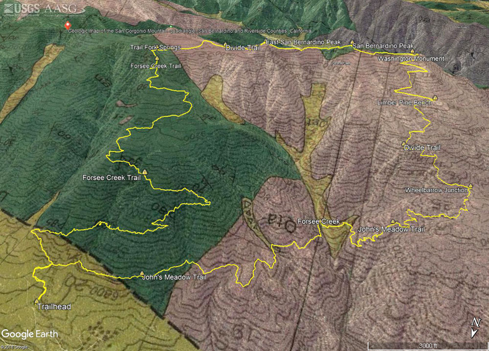Google Earth image of Dibblee San Gorgonio Mountain Geologic Map with my GPS track of the John's Meadow Trail - Forsee Creek Trail Loop added. Areas of glacial till are buff-colored and labeled Qgt.
