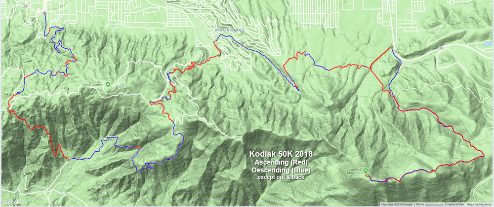 The ups (red) and downs (blue) on the 2018 Kodiak 50K course. 