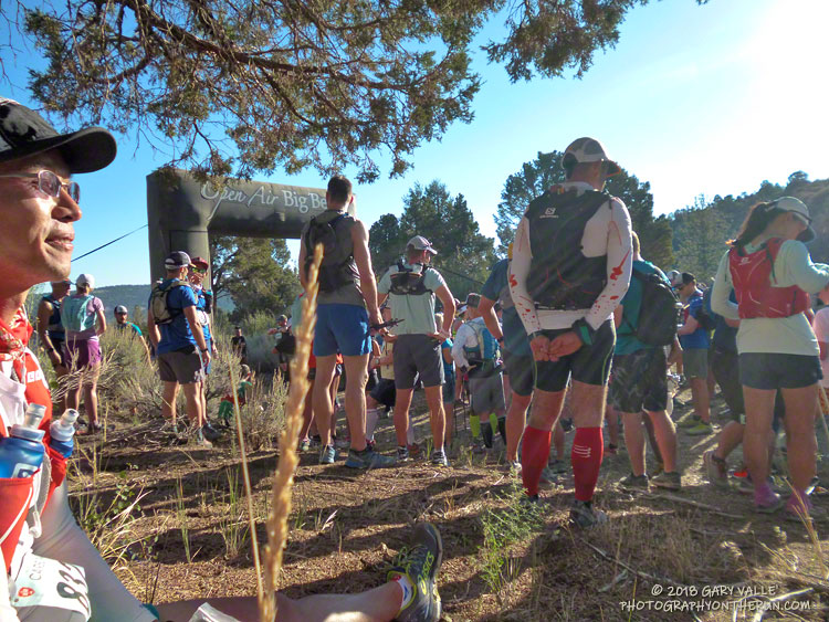 Runners waiting for the start of the 'Back 50K' at the Sugarloaf Aid Station. The Kodiak course(s) were run clockwise around Big Bear Lake in 2016 and 2018, and counterclockwise in 2013, 2014, 2015 and 2017.