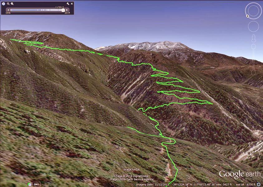 From a vantage point similar to the previous image, this Google Earth view shows my track up the Siberia Creek Trail on the other side of the canyon.