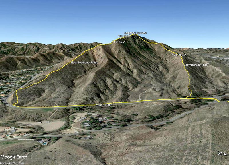 Google Earth image of Ladyface showing my GPS track up the East/Northeast Ridge and down the East/Southeast Ridge. The location of the GPS track is approximate.