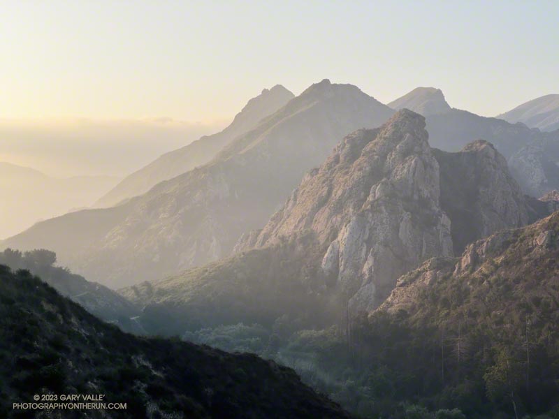 Hazy view of Goat Buttes and Brents Mountain from an overlook on the Deer Leg Trail in Malibu Creek State Park.