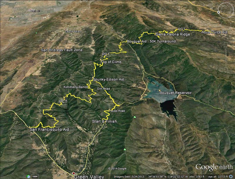 Google Earth overview of the 2014 Leona Divide  50M and 50K courses. 