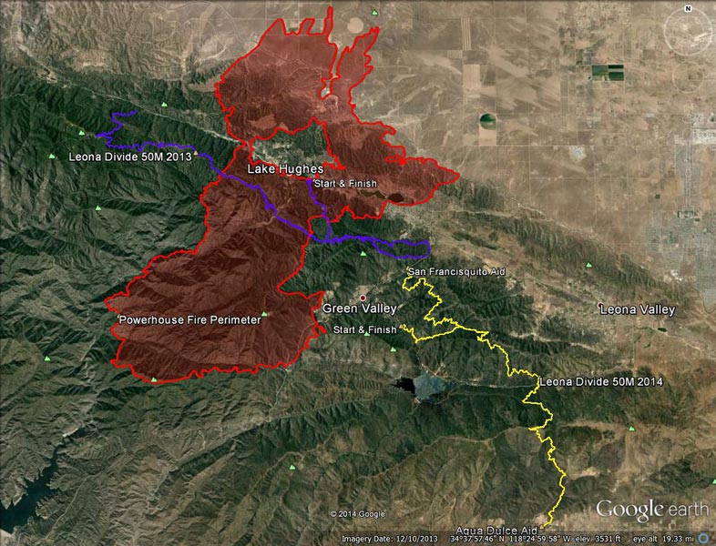 Overview of the Leona Divide area that shows this year's course (yellow), last year's course (purple), and the perimeter of the Powerhouse Fire (red). As shown in the next slide, the actual closed area is much larger than the area burned by the fire.