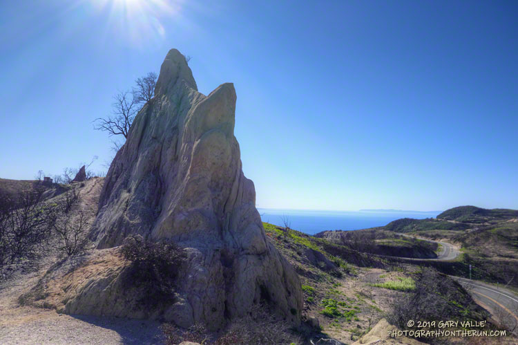 Rock formation along the Backbone Trail near Corral Canyon. Catalina Island is in the distance.
