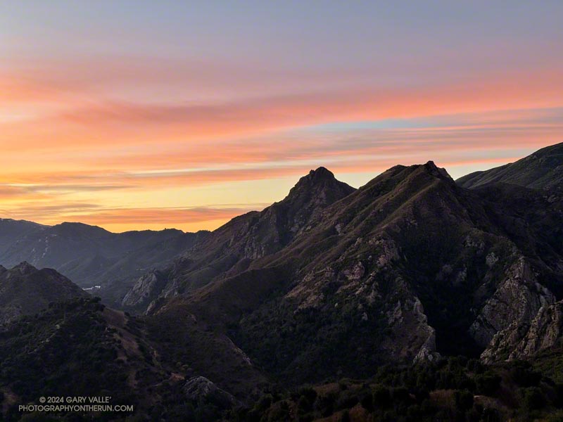 Dawn, Malibu Creek State Park. Brents Mountain is the pyramidal peak in the center of the image.