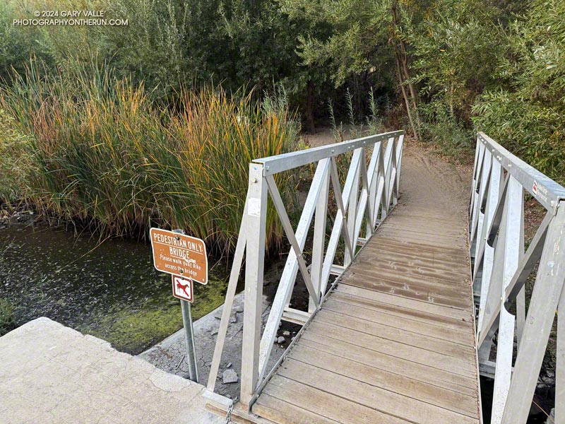 The seasonal bridge across Malibu Creek on the Crags road Trail. The bridge is removed on November 30th, or earlier if significant rain is forecast. October 26, 2024.