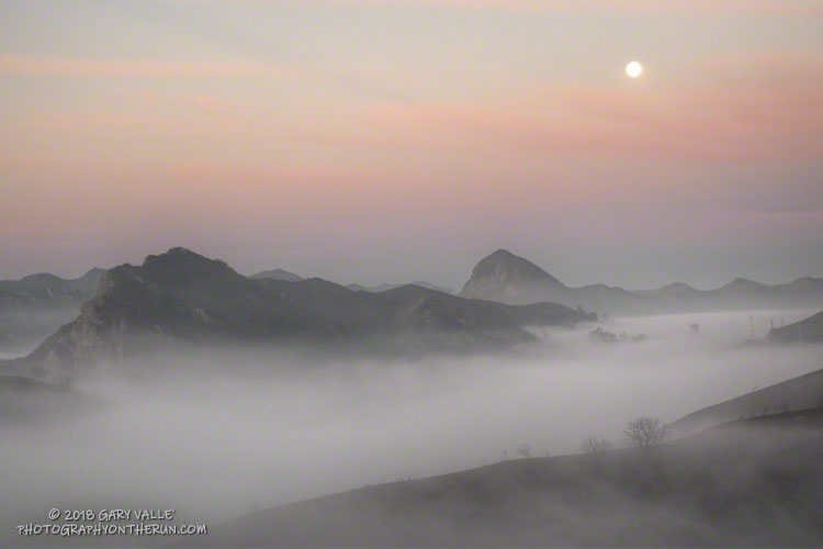 Moonset and fog in the Reagan Ranch area of Malibu Creek State Park.