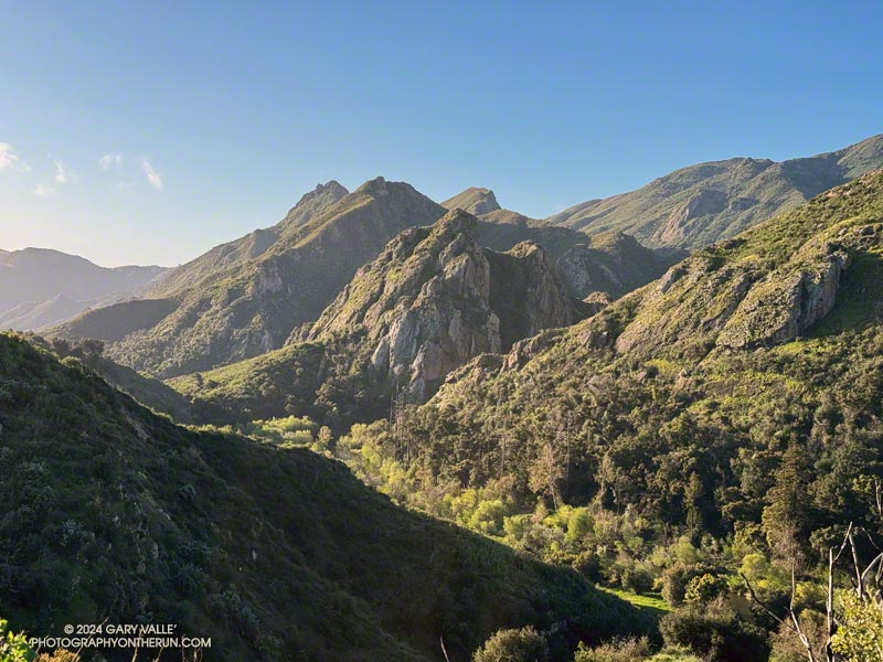 View of Goat Buttes and Malibu Creek from an overlook on the Deer Leg Trail. Several coast redwoods can be seen along the creek. March 24, 2024.
