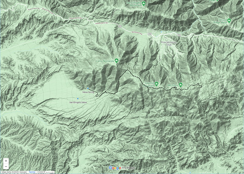 A Google Terrain Map showing the location and size of the San Emigdio Mesa, and my GPS track from Mt.Pinos.  Here's a link to the full-size map.