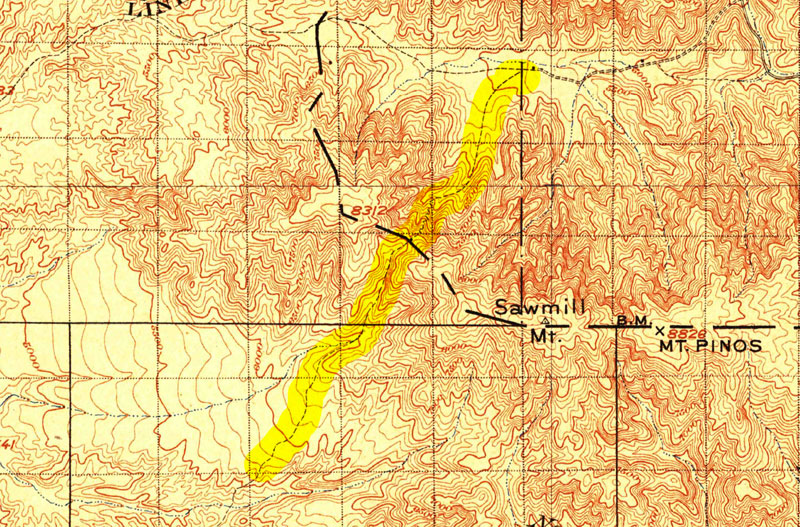 A section of the 1903 edition of the Mt. Pinos Quadrangle, showing a segment of the old trail over Puerto del Suelo. The trail was part of a route between the Cuyama River and El Camino Viejo a Los Ángeles.