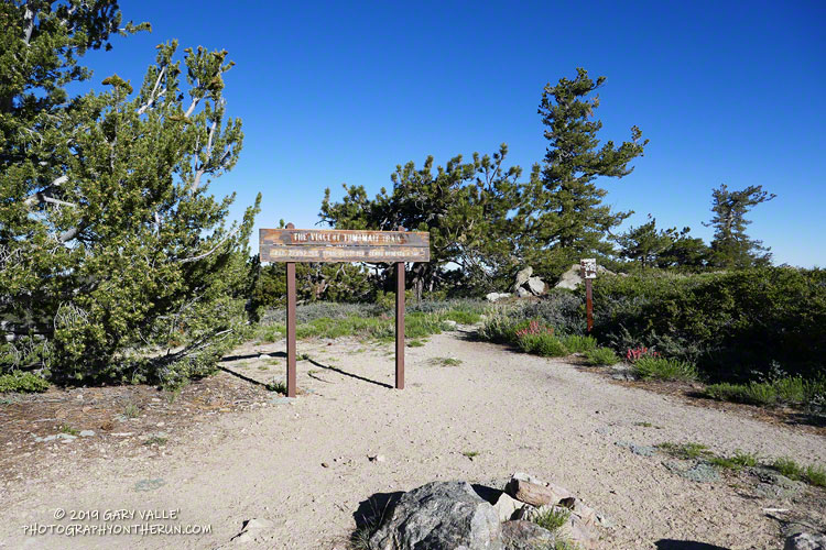 The Vincent Tumamait Trail trailhead at Condor Summit. The trail continues west past Sawmill and Grouse Mountains to Cerro Noroeste Road (Mt. Abel Rd.). 