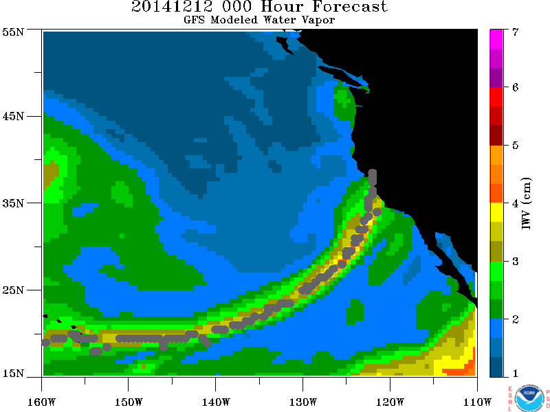 Many heavy rain events in California are associated with "atmospheric rivers."  This image shows an ERSL/PSD Automated Atmospheric River Detection methodology applied to GFS analysis for Thursday, December 11, 2014 at 4:00 pm.