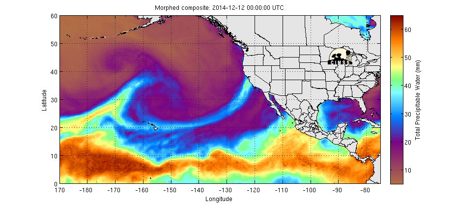 But the AR is easily seen in this CIMSS morphed composite of SSMI/SSMIS/TMI-derived Total Precipitable Water and corresponds well with the ESRL/PSD Automated Atmospheric River Detection image shown earlier.