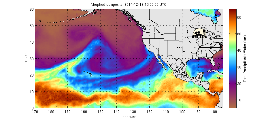 And this is the CIMSS morphed composite of SSMI/SSMIS/TMI-derived Total Precipitable Water for Friday, December 12 at 2:00 am.