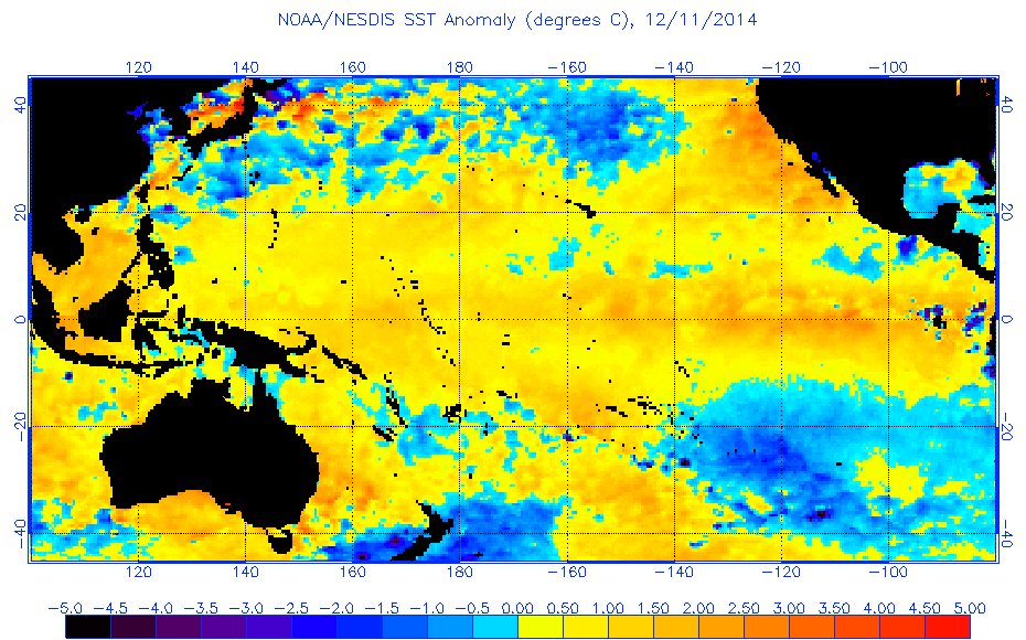 A warm Pacific likely contributed to the moisture available to the system and the strength of the front. NOAA/NESDID Pacific SST Anomalies for 12/11/2014. Note unusually warm water off the California and Baja coasts.