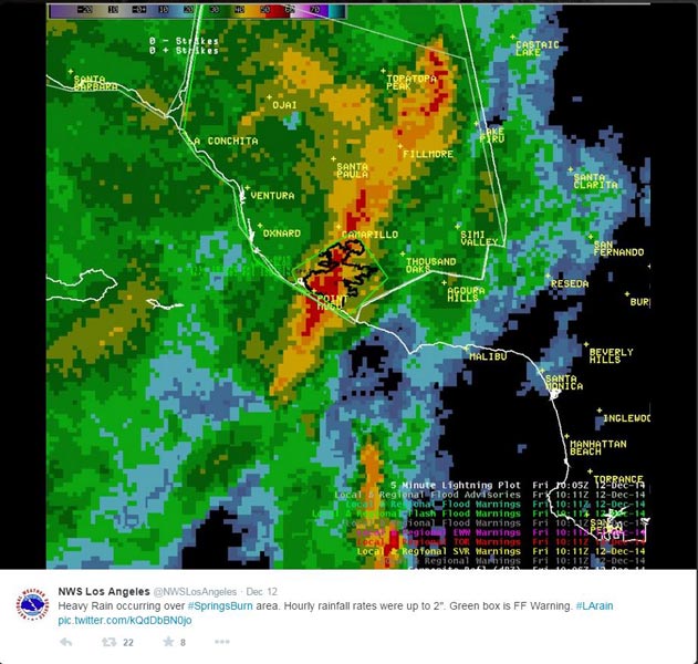 Tweet from NWS Los Angeles/Oxnard at 2:16 am showing heavy rain over the Springs Fire burn area with rain rates up to 2" per hour.