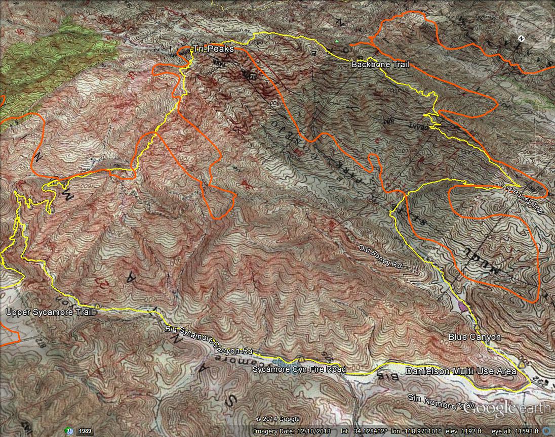 The Blue Canyon catchment is a huge west-facing bowl on the west side of the Boney Mountain massif. The orange line is the perimeter of the 2013 Springs Fire. The yellow line is my GPS track.