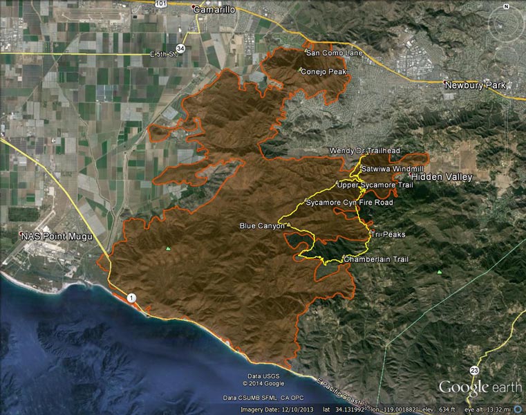 2013 Springs Fire burn area and GPS track of run/hike on December 14, 2014, before  Pt. Mugu State Park was closed. A notice on the Park web site says it will be closed "until at least January 12, 2015."