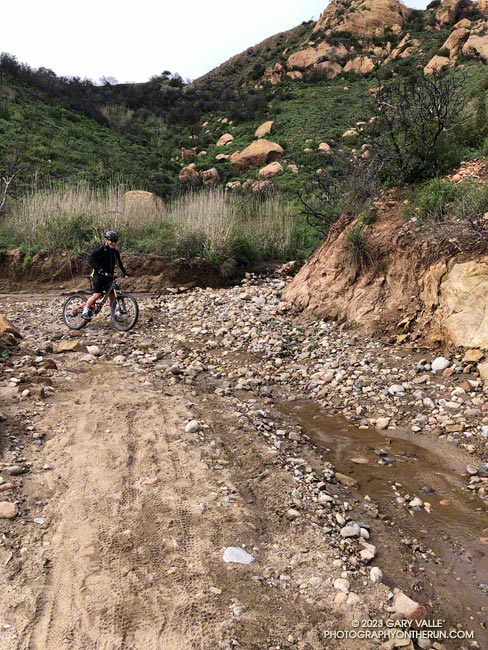Mountain biker crossing debris on Eagle Springs Fire Road. January 8, 2023.