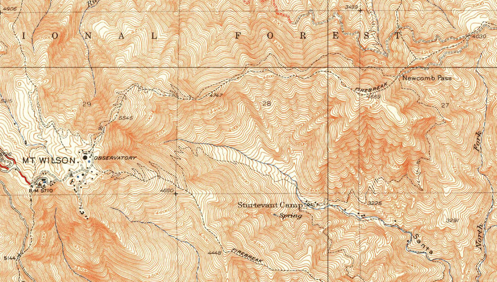The route of the trail depicted in the USGS 1939 Mt. Wilson Quadrangle is essentially the same as the Rim Trail today.