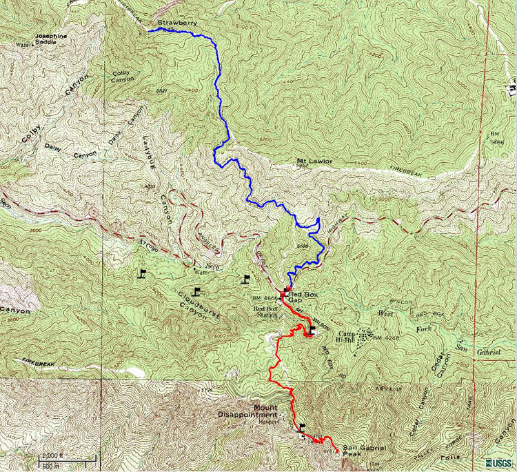 Topo map with GPS tracks of the routes to Strawberry Peak and San Gabriel Peak from Red Box.