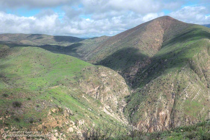 La Jolla Canyon from the Mugu Peak Trail. The lower La Jolla Canyon Trail has been closed since the flash flooding in December 2014, but the upper La Jolla Canyon Trail is still open.
