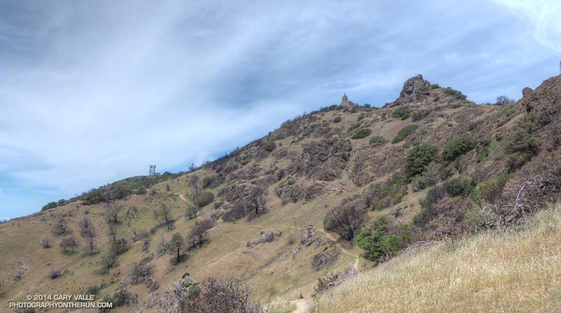 Looking back up at the Summit Building and Vistor Center on Mt. Diablo (left) and the Devil's Pulpit (right) from the North Peak Trail.