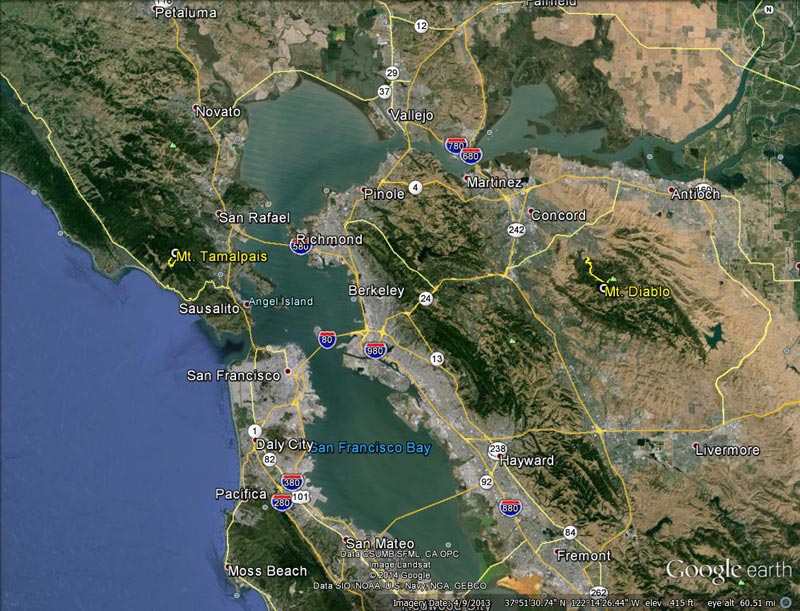 Google Earth image showing the locations of Mt. Tamalpais and Mt. Diablo.
