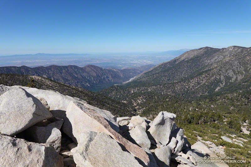 Mill Creek Canyon from the Divide Trail. San Bernardino Peak and East San Bernardino Peak are on the right.
