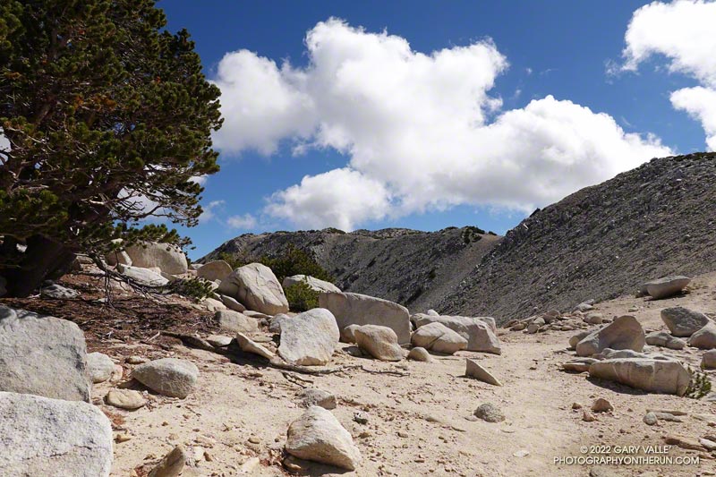 Clouds over San Gorgonio from a notch on the Divide Trail, just west of the Vivian Creek Trail junction. From here it's about three-quarters of a mile and 500' of elevation gain to the summit.
