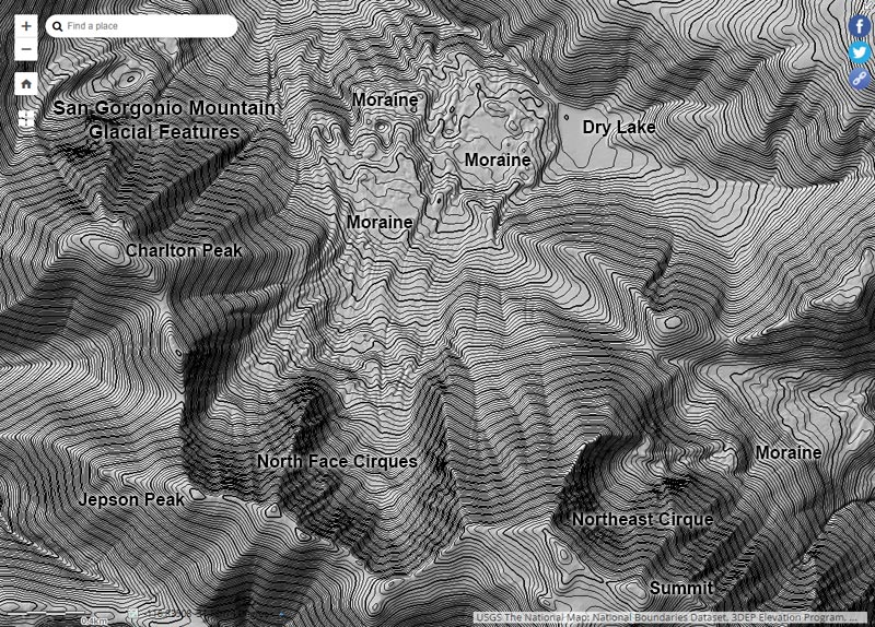 USGS Lidar showing the north face cirques of San Gorgonio and some glacial features.