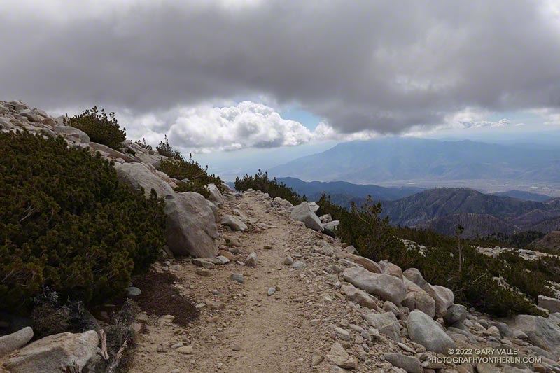 Banning Pass and San Jacinto Peak from the Sky High Trail. The trail at this point is still a few hundred feet higher than San Jacinto.