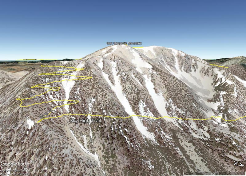 This Google Earth image from June 2011 shows the features on the northeast side of San Gorgonio Mountain. The chute/couloir in the previous photo is right of center. The cirque on the right was once home to a small glacier. My GPS track has been added.