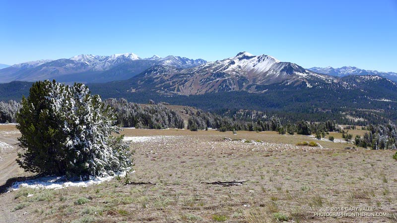 Looking back at Mammoth Mountain and the Sierra Crest from San Joaquin Ridge. Some of the peaks from left to right: Morrison, Baldwin, Laurel, Bloody and Red Slate. Silver and Sharktooth Peaks are in the distance on the right.