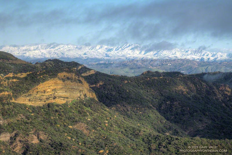 Snow on mountains near Lake Piru from Topanga Lookout Ridge. February 26, 2023.