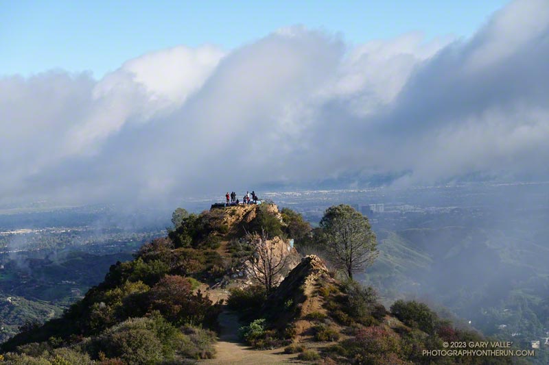 Clouds surround Topanga Lookout between storms. February 26, 2023.