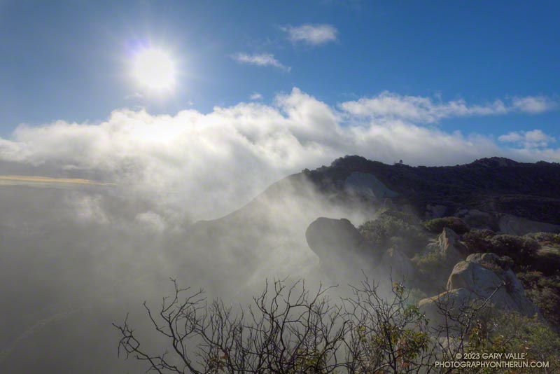 Looking up at Topanga Lookout from cloud-shrouded Topanga Lookout Ridge. February 26, 2023.