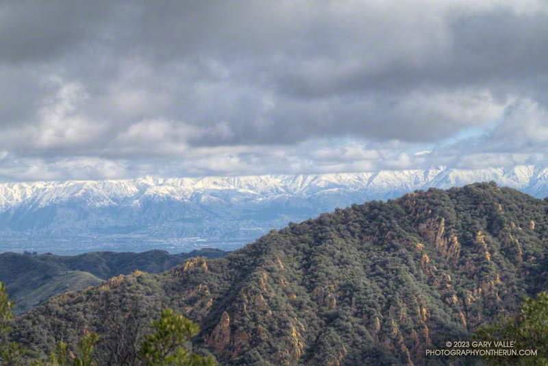 View across Topanga Lookout Ridge to the snowy San Gabriel Mountains. February 26, 2023.