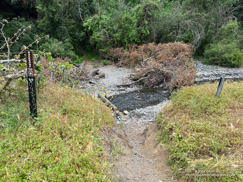 Trail sign just after turning onto the Josepho Drop Trail and before crossing the creek. May 12, 2024.