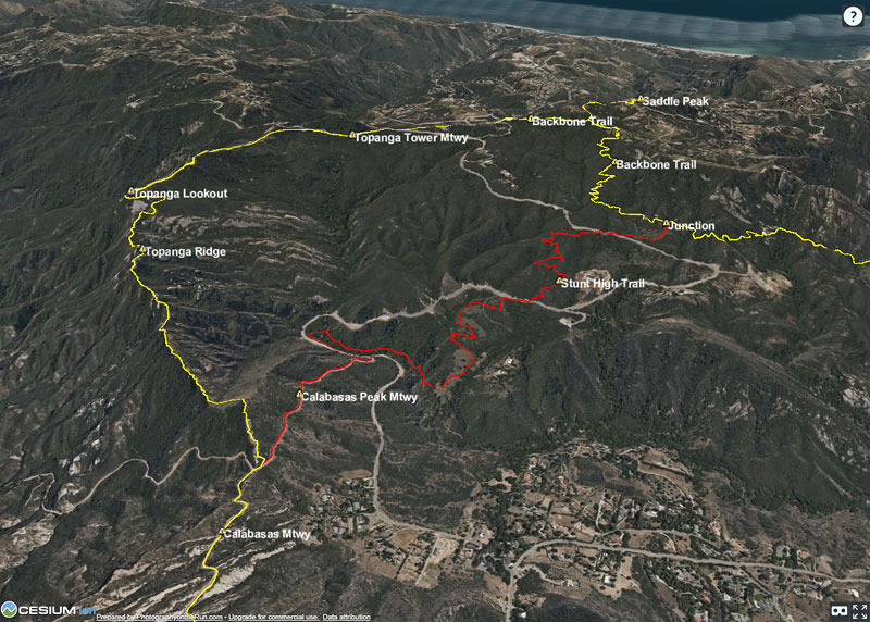 Cesium viewer snapshot of the Topanga Lookout & Ridge segment of the run from Tapia to the Secret Trail trailhead.